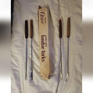 Vintage 70s MCM Set 4 Oster Fondue Forks Box Stainless Steel Teak Handle Deco